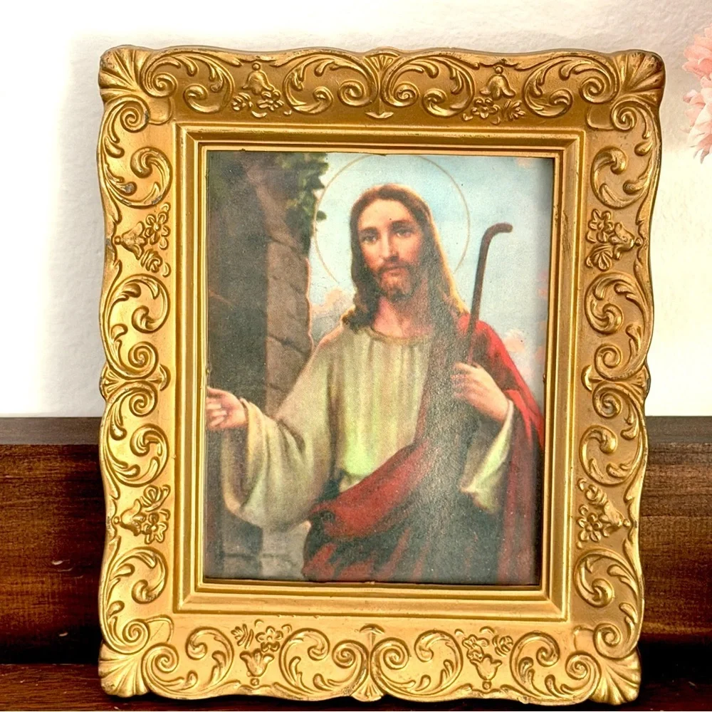 Vintage Jesus Knocking on the Door Art Print Ornate Gold Heavy Plastic Framed